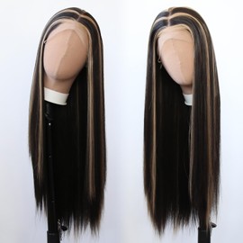 Towarm Balayage Wig Black Highlight #27 Middle Part Synthetic Lace Front Wigs for Black Women Long Straight Natural Heat Resistant Fiber 13x3.5inch Hand Tied Cosplay Wig (Piano Color 1B/#27)