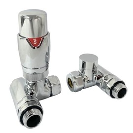 Greened House Lincoln Dual Fual Thermostatic Angled TRV Towel Rail Valve with Corner Lockshield Electric and Central Heating Valve