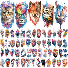 77 Sheets Flower Lion Tiger Temporary Tattoo for Women Men, 17 Sheets Half Arm Large Cat Owl Parrot Fake Tattoos, 60 Sheets Snake Wolf Feather Tiny for Adult Kids Body Tattoos Stickers Realistic