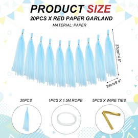 sourcing map 20Pcs Tassel Garland Banner Tissue Paper for Streamers Party Decorations, Valentine's Day Birthday Decor for Women with Rope and Tie Wire (Light Blue, 14.6Inch)