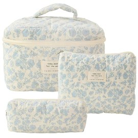 Pyuyan 3 Piece Women's Travel Toiletry Bag Set, Cosmetic Bag, Aesthetic Flowers Make-Up Bag, Make Up Bag, Women's Quilted Toiletry Bag with Floral Pattern for Women and Girls, blue, simplicity