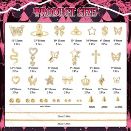 40Pcs Gold Nail Charms, 1 Box Goth Spike Nail Charms, 3D Nail Chains Heart Butterfly Star Dollar Cross Nail Art Charms, Golden Flatback Pearls Spike Nails Charm for Nails Design DIY Supplies