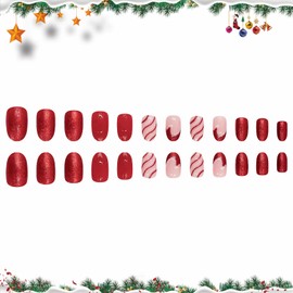 MISUD Christmas Press on Nails Short Oval Fake Nails Matte Glue on Nails Santa Hat French Tip Acrylic Nails Round Artificial Nails Red Bling Glitter Stick on False Nails with Design 24pcs
