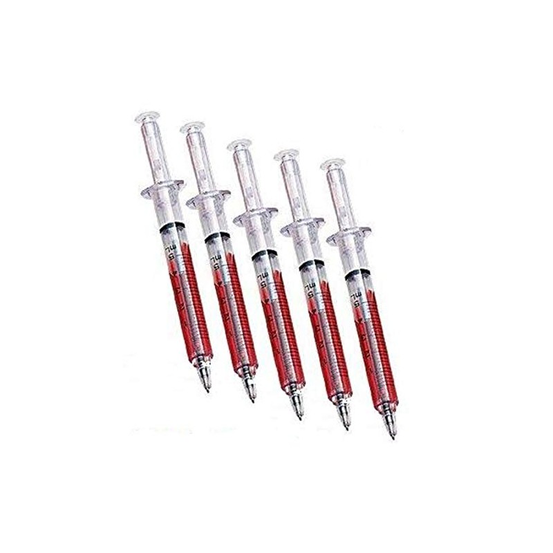 5 Double Value Novelty Blood Syringe Pens with extra refills.