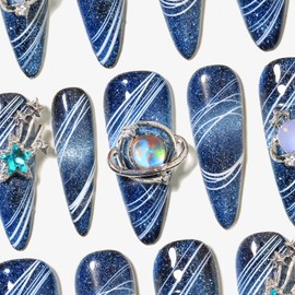 Sun&Beam Nails Handmade Nail Tip, Long Point Nail, Shiroiro, Aoi, Glitter, False Nails, Stylish, False Nails, Pack of 10 (#148 M)