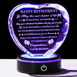Arikyrist Retirement Gifts for Women Men with LED Base Happy Retirement Gifts Crystal Heart Keepsake Retirement Plaque Best Retire Gift Idea for Retired Friends Boss Coworker Teacher Nurse