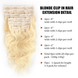 Clip in Hair Extensions Real Human Hair 18 Inch Blonde Body Wave Clip in Hair Extensions 100% Brazilian Remy Human Hair Extension for Women 8pcs 100g Per Set with 20 Clips Double Weft