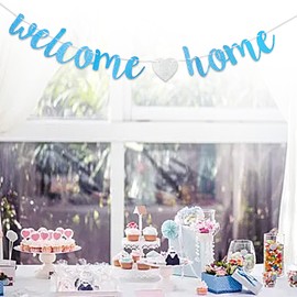 Welcome Home Banner Welcome Back Party Decorations Blue Glitter Home Party Sign Decors Banner for Military Army Homecoming Party Decorations, Family Theme Party Supplies (Blue)