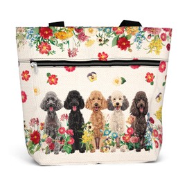15 inch Large Tote Bag for Work for Women. Shoulder Bag Gift for Poodle Lovers and Owners. Waterproof Cute Graphic Aesthetic Bag with Pockets and Zipper. Flower Line.