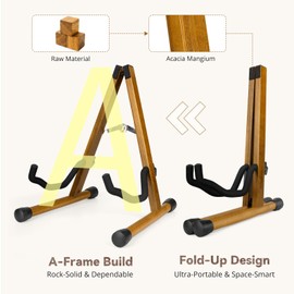 Wood Guitar Stand, Guitar Floor Stand, Acoustic Electric Wooden A Frame Folding Guitar Holder Adjustable for Bass(Acacia)