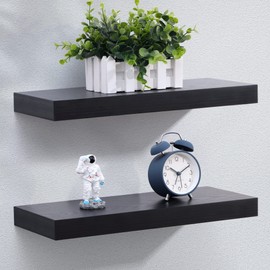 Fun Memories Floating Shelves - Rustic Black Wall Shelf - Wall Mounted Shelves for Wall Decor Storage - Wooden Shelves with Invisible Brackets for Living Room, Bedroom, Kitchen，16" W x 6.7" D，2 Pack