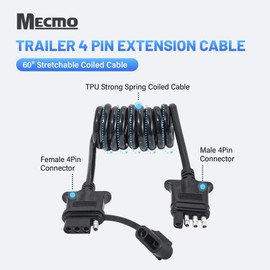 MECMO - Cable de extensión de cable plano de 4 pines para remolque de 5 pies, cable en espiral, conector de 4 vías, lado del vehículo y lado del remolque, adaptador de arnés de cableado de remolque,