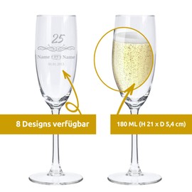 LALALO Sektglas mit Gravur 25. Hochzeitstag (2 St.), Silberne Hochzeit, Silberhochzeit Sektgläser Geschenk personalisiert/graviert, Jahrestag (Sommerliebe)