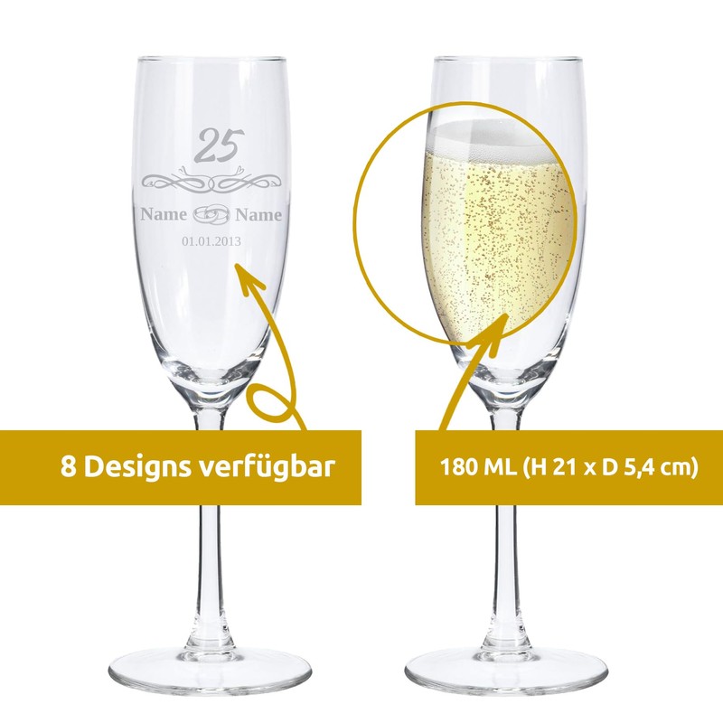LALALO Sektglas mit Gravur 25. Hochzeitstag (2 St.), Silberne Hochzeit,