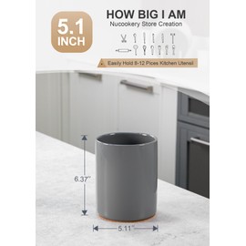 Nucookery Utensil Holder, 6.4" Ceramic Kitchen Utensil Holder for Countertop with Protection Cork Bottom, Vintage Farmhouse Kitchen Decor for Counter (Gray)
