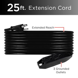 UltraPro 25 Ft Outdoor Extension Cord 3 Outlet Extension Cords Outlet Power Strip Long Extension Cord with Multiple Outlets Grounded Heavy Duty Extension Cord 16 Gauge UL Listed Black 36825-T1