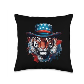 Tiger With American Flag Hat Patriotic Graphic Co Wearing American Flag Hat Patriotic Tiger Boys Men Throw Pillow, 16x16, Multicolor