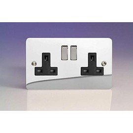 XFC5DB - Varilight - Ultra Flat Plate - Polished Chrome Black & Metal Inserts - 2 Gang 13Amp Plug Socket