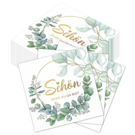 60 Stück Komoke Premium Servietten "Schön Dass Du Da Bist" mit Eukalyptus-Druck | 3-lagige Papierservietten (33x33 cm) | Für Geburtstage & Dankesfeiern | Natürliche Grüne Tischdeko