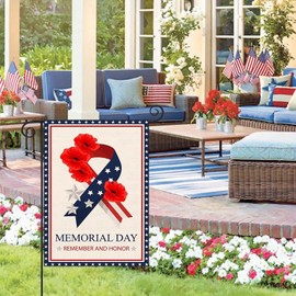 Memorial Day Garden Flag 12x18 Inch Double Sided Outside Remember and Honor Patriotic Flag for Stars and Stripes Ribbon Poppy for Veteran 4th of July Independence Day Yard Outdoor Decoration