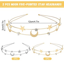 2 Stück Fünfzackige Sterne Mond Haarreifen mit Strass, Gold und Silber, Elegante Stern-Haarreif, Bequem und Haltbar, MäDchen Haarschmuck für Damen, Feste, Alltag, Hochzeit, Geburtstag
