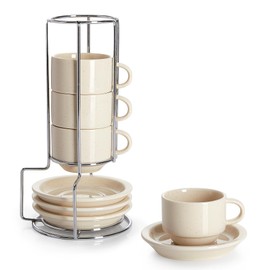 Sweese Porcelain Espresso Cups Set, 2.5 oz, Stackable with Saucers Metal Stand, Beige, 4 Pack