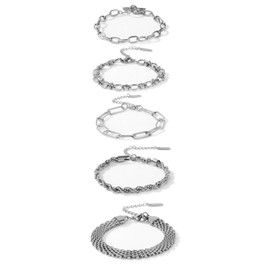 OTTFF Stainless Steel Stackable 5-piece Link Bracelet Set Fashion Adjustable Chain Bracelet Anklet Jewelry Set Gift for Men Women（STEEL #2）