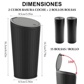 Pack de 2 Bote de Basura para Carro con Tapa, Bote de Basura para Auto/Portavasos Automóviles con 2 Bolsas Enrollable, Mini Portátil Antifugas Accesorios Gadgets para Coche, Oficina (Negro-New)
