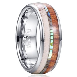 TUNGSTORY Men's Wood Wedding Ring 8mm Silver Polished Tungsten Carbide Promise Engagement Ring Inlaid with Antler and Abalone Shell Size Q