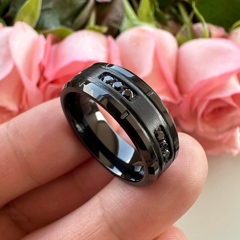 TUTISS 8mm Black Tungsten Rings for Men Women Eternity Engagement