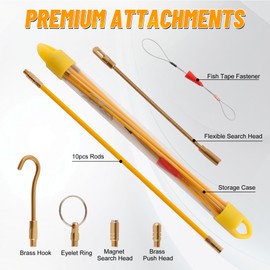 KOOTANS 11FT Fiberglass Running Electrical Wire Cable Glow Rods Wire Pulling Tools Fish Tape Cable Puller Through Wall Snake Fish Rods Kit with Different Attachments
