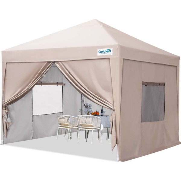 Quictent Privacy 8'x8' Pop up Canopy Tent with Sidewalls, Enclosed Instant Outdoor Ez Gazebo Shelter Waterproof with Mesh Windows (Beige)