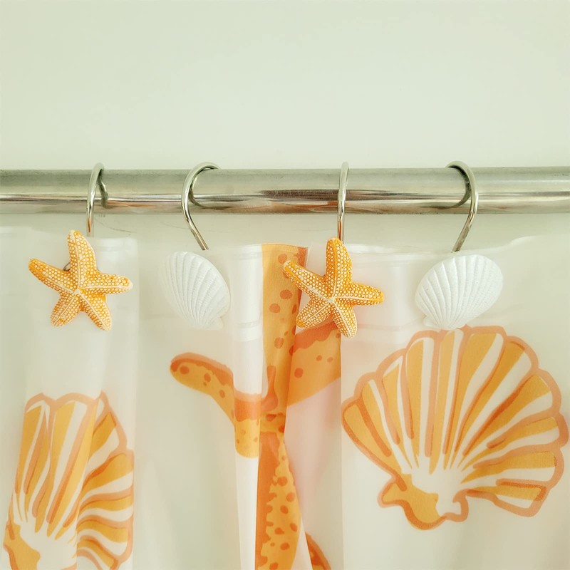 Twofish Home White Shell with Orange Starfish Shower Curtain Hooks