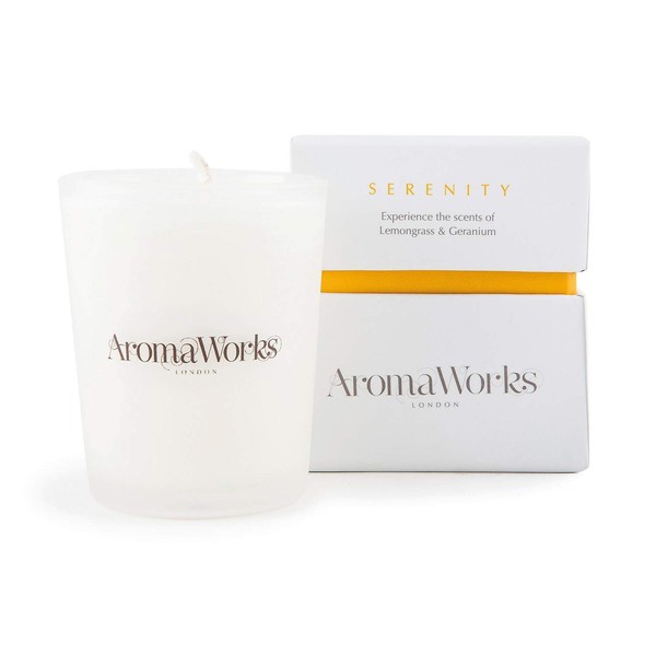 AromaWorks Serenity Soy Wax Candle - Lemongrass, Neroli and Sweet Geranium Aromas - Uplift, Balance & Focus - Natural, Vegan, Cruelty Free - Small 2.64oz