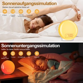 Bluetooth Light Alarm Clock, Daylight Alarm Clock, Wake Up Light with Sunrise Sunset Simulation, 17 Colour Light, 22 Sleeping Sounds, Snooze, Two Alarms, FM Radio, for Heavy Sleepers and Children