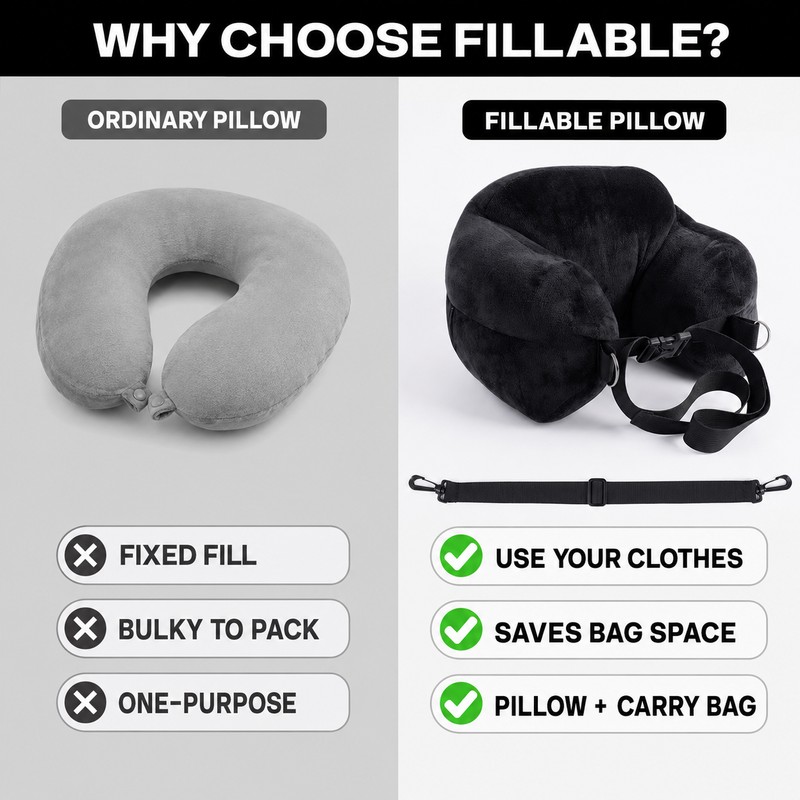 Stuffable Travel Pillowcase U-Shaped Neck Pillow with Adjustable Strap, Washable