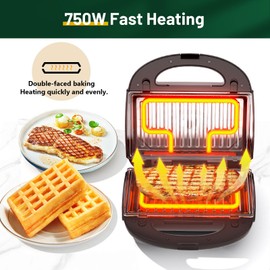 KEENSTAR 3 in 1 Electric Sandwich Maker, Waffle Maker with Removable Non-Stick Plates, Grill with Double-Sided Heating, Easy to Clean and Store, Perfect for Cooking Breakfast, Grilled Cheese and Steak