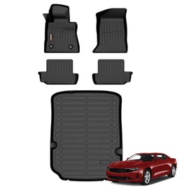 Binmotor-All Weather Car Floor Mats Cargo Liner Set for Chevy Camaro 2016-2024, 2 Rows Floor Mats for Chevy Camaro,Waterproof TPE Rubber Liners for Camaro Trunk Liner Accessories-Black