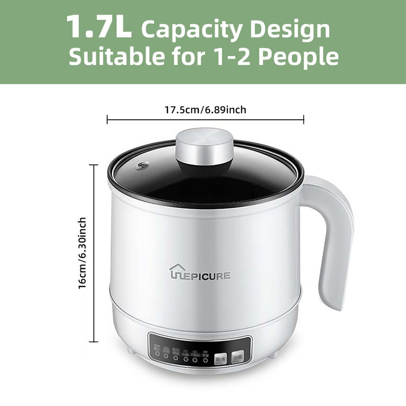 Aoresac Electric Pot 1.7L Non-stick Ramen Cooker Automatic Insulation/Timing for
