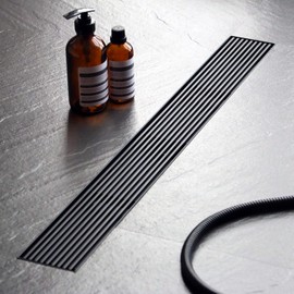 Sharpeye 32 Inch Linear Shower Drain with Removable Wedge Wire Pattern Grate, Matte Black 304 Stainless Steel Rectangle Shower Floor Drain for Bathroom, CUPC Certified, with Hair Strainer