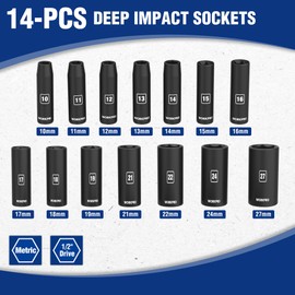 WORKPRO 14-Piece 1/2＂ Drive Deep Impact Socket Set, 6-Point Impact Deep Socket Set with Heavy Duty Storage Case for Automotive and Mechanical Repairs, 10mm-27mm, Cr-V Steel, Metric