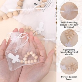 Baptism Favors,10pcs Wooden Rosary Beads with Cross Pendant and White Mesh Bags, Rosary Favors Band Wooden Bulk Catholic Rosary Beads for Baptism First Communion Confirmation Baby Shower Christening