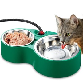 Heated Cat Bowl with Soft Indicator Light – Double Removable Stainless Steel Bowls, Freeze-Proof Water & Food, Overheat Protected, Chew-Resistant Cord, UL Listed