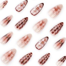 French Tip Press on Nails Medium Almond 3D Summer Flower Fake Nails with Glue Gold Beads Stick on Nails Full Cover Brown Glossy Acrylic False Nails for Women DIY Manicure Decoration 24PCS