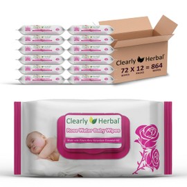 Clearly Herbal Baby Wipes, Rose Water Formula, made with Essential Oils and Natural Herbal Extracts, Parent's Choice, Case Pack 864 Plant Based Wipes (12 Packs x 72 Count)