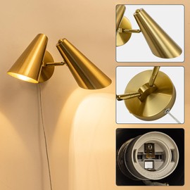 Ahaloye Gold 2-Light Plug in Wall Sconce, Modern Vanity Light Wall Lamp with Rotatable Lampshade Picture Light for Bedroom Living Room Bathroom Foyer