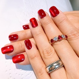 Cat Eye Press on Nails Short Square Fake Nails Red Acrylic Nails Gloss Glue on Nails Opaque Reusable Gel Nail Strips Artificial Nails 24 Pcs Removable Stick on Nails for Women