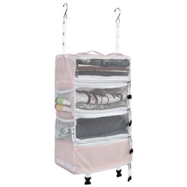 Surblue Travel Hanging Luggage Organizer Portable Suitcase Closet Organizer Multiple Compartments Collapsible Compression Packing Cubes Shelf, Pink,M