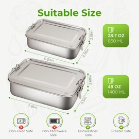 LEEPENK 304 Stainless Steel Lunch Box and Food Containers with Lids 1400ml Leak-Proof Adjustable Compartment Metal Bento Box for Travel Work Picnic Adults