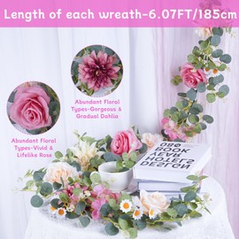 BonBloom's 2 Pcs 6.07FT Pink Flower Garland, Artificial Dahlia Floral Garland Wall Backdrop Eucalyptus Garland with Rose Fake Vines Hanging for Wedding Birthday Anniversary Spring Decorations